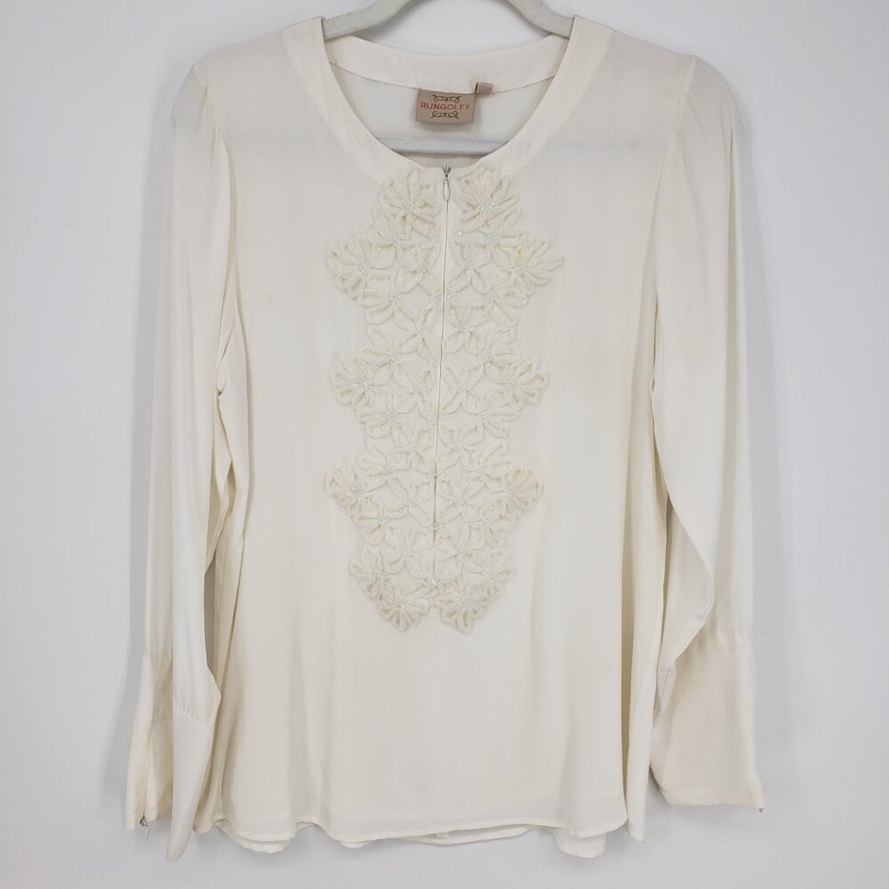 Rungolee Embellished Floral Applique Silk Blouse Top S Womens Long Sleeve Cream